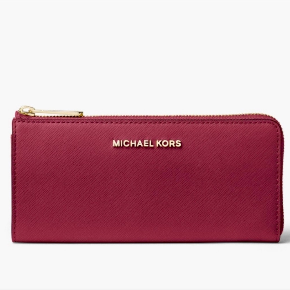 💯% AUTHENTIC Michael Kors Jet Set Large Saffiano Leather Quarter-Zip Wallet